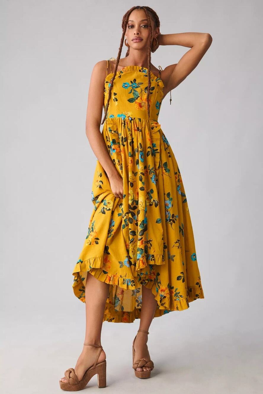 Anthropologie Maeve High Low Pleated Trim Yellow Floral Cotton Midi Dress US 2